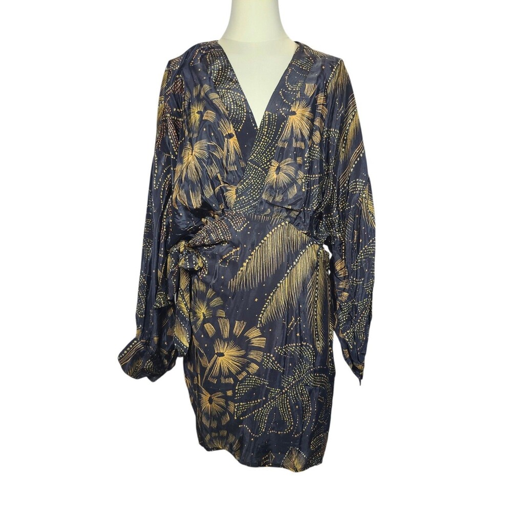 FARM RIO Black Gold Celestial Star Wrap Mini Dress Large NWT